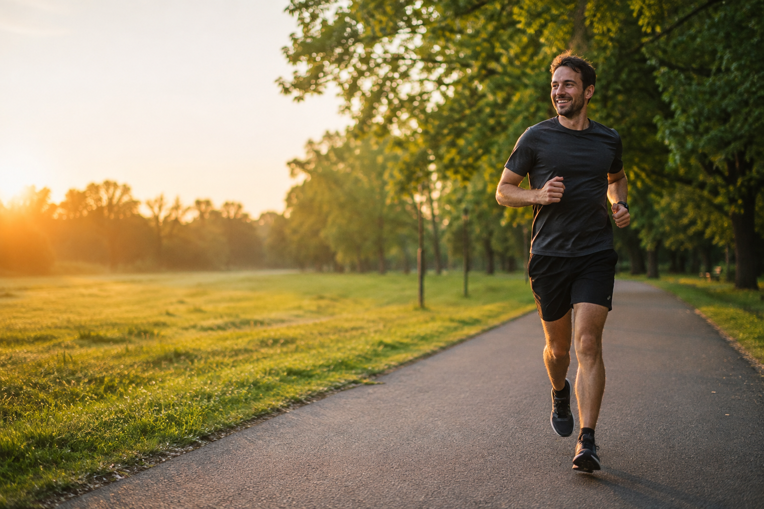Runner on a tree-lined path at sunrise